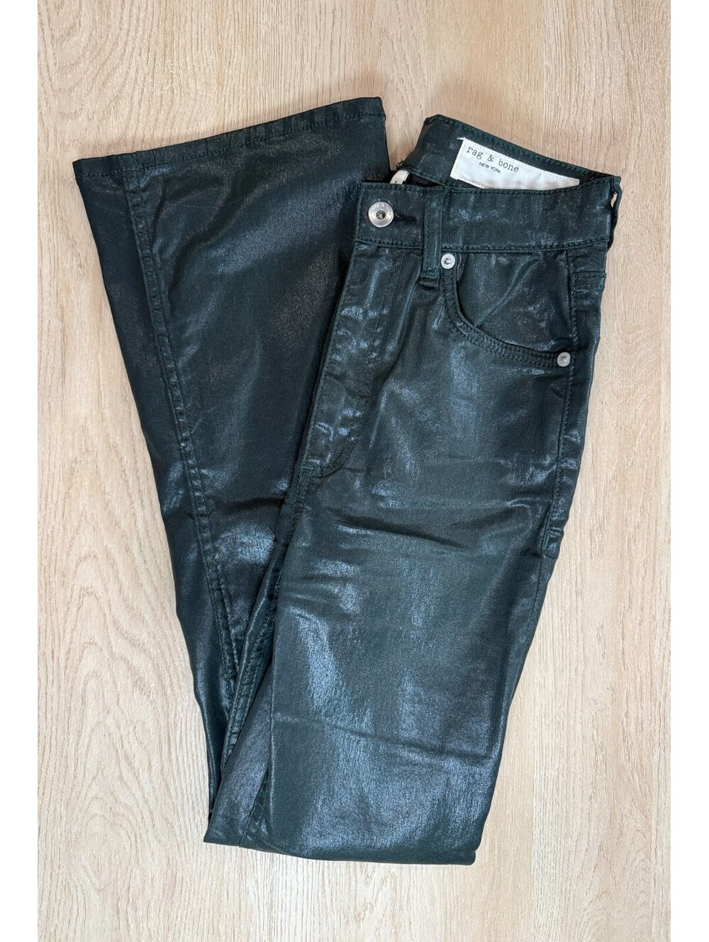 Rag & Bone Casey High Rise Ankle Flare Jeans 24 Coated Pine Grove Green Shimmer
